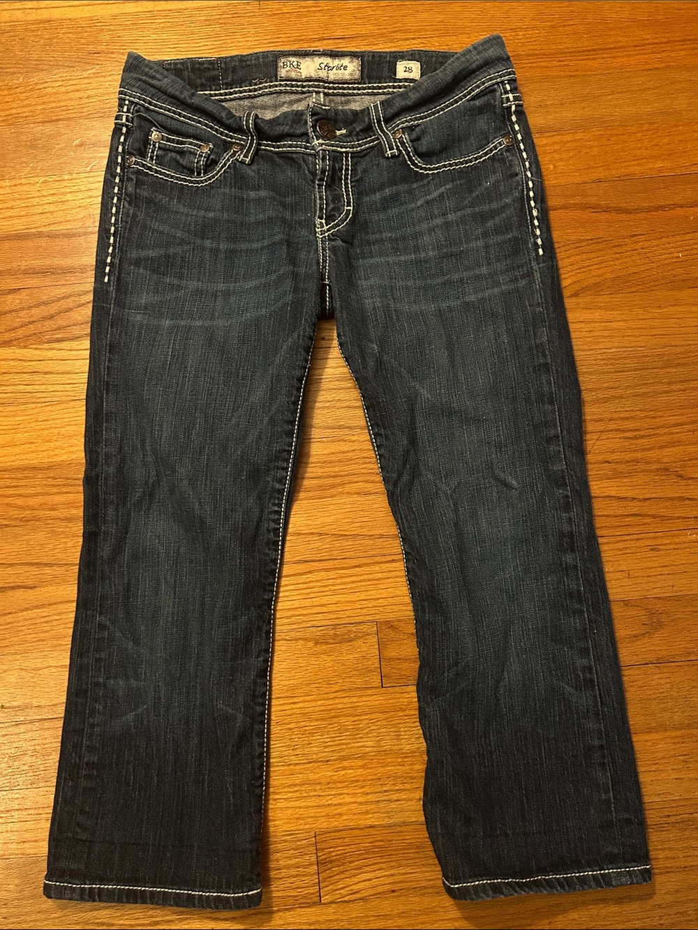 BKE Starlite Capri Jeans Dark Blue Contrast Stitching Bling Pockets Lo Rise